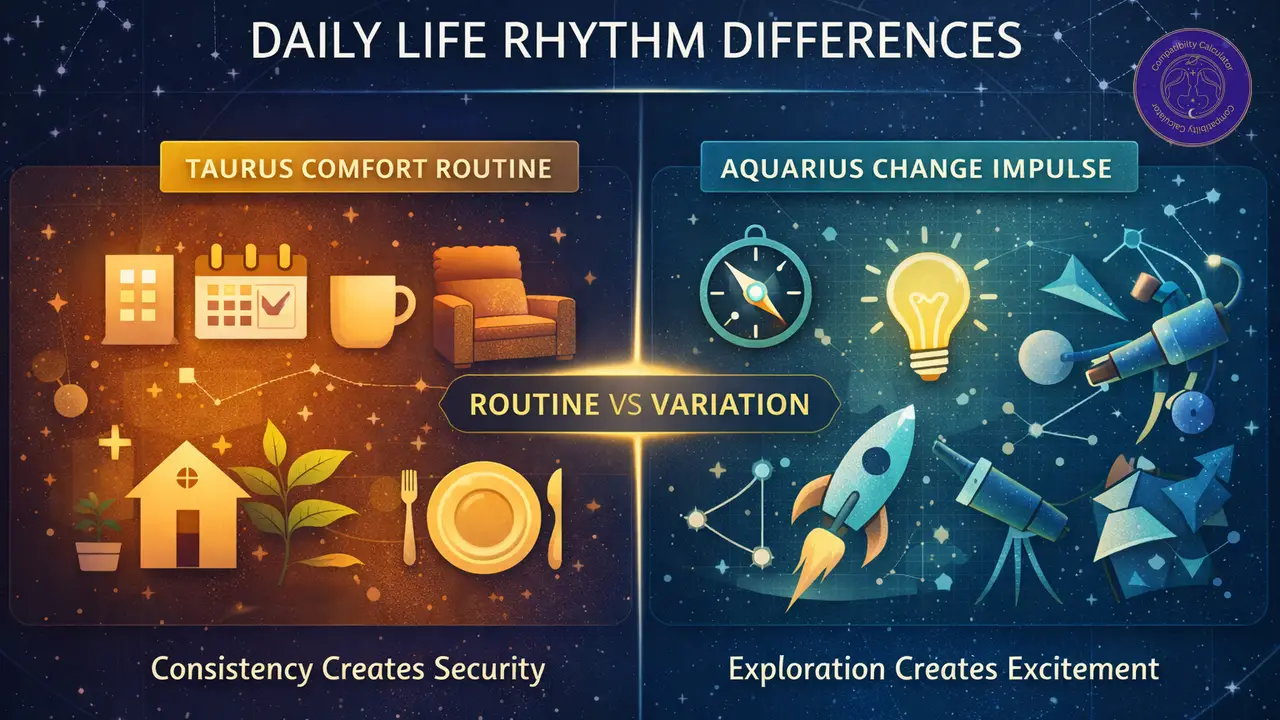 Taurus and Aquarius comparing routine, change, comfort, and novelty in daily life together.