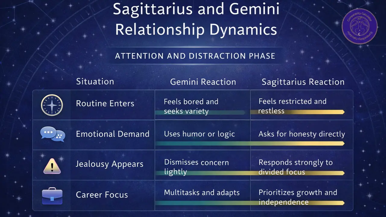 Sagittarius and Gemini relationship dynamics shaped by freedom, shifting attention, reliability, and long term focus.