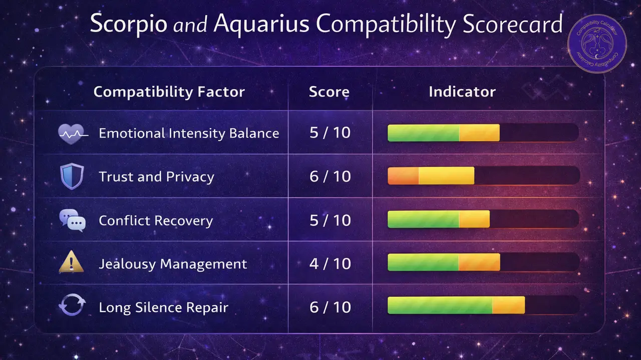 Scorpio and Aquarius compatibility chart showing emotional intensity, trust, conflict recovery, jealousy, and repair after silence.