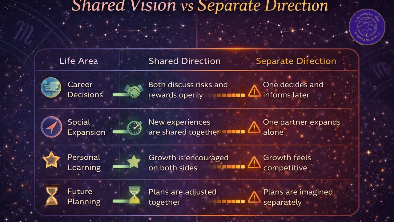 Shared vision versus separate direction in Jupiter compatibility through growth timing, belief, and relationship expansion.