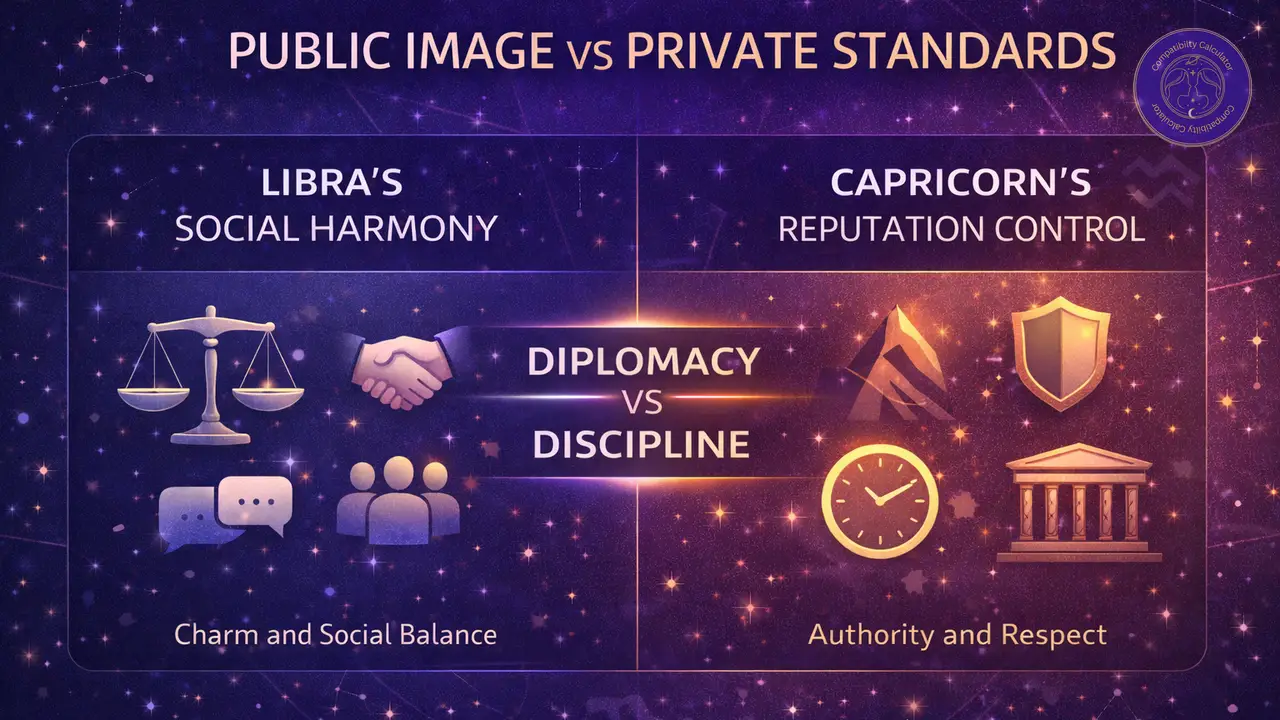 Libra and Capricorn comparing social harmony, reputation control, tone, discipline, and relationship image in public.