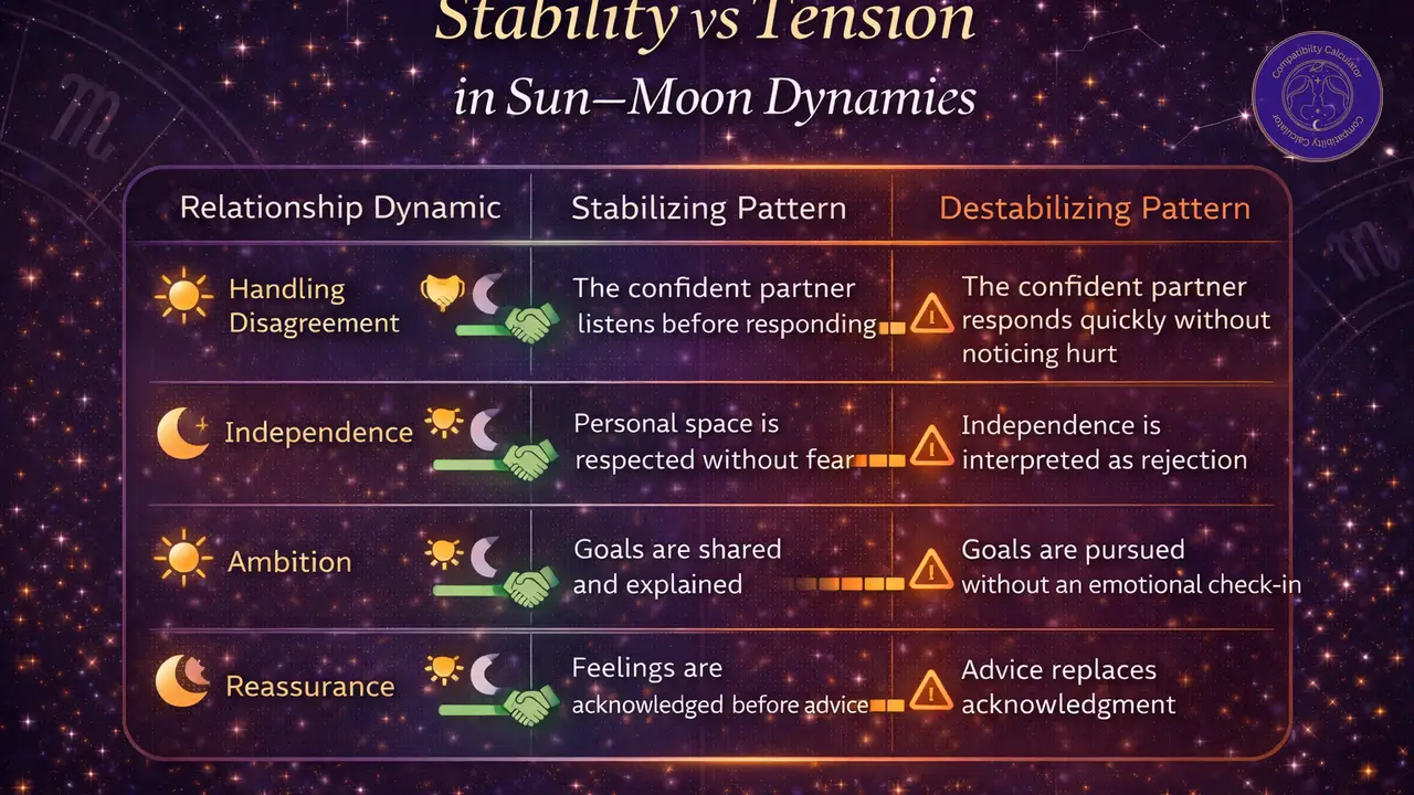 Sun and Moon dynamics infographic showing identity, emotional safety, tension, nourishment, and relationship stability.