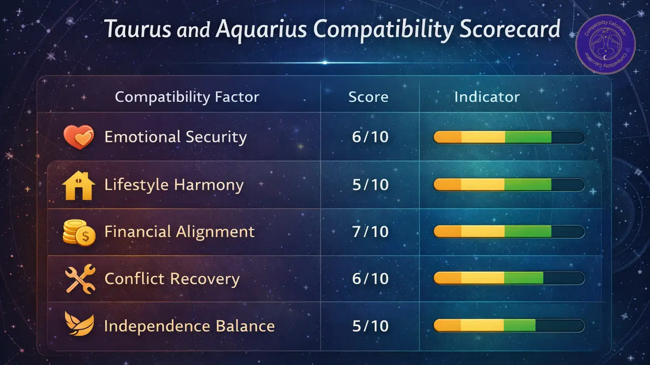 Taurus and Aquarius compatibility chart showing emotional security, lifestyle rhythm, money habits, conflict repair, and independence balance.