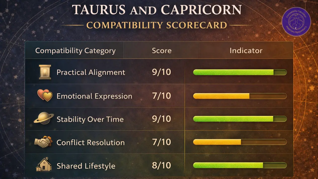 Taurus and Capricorn compatibility chart showing practical alignment, emotional expression, stability, conflict repair, and shared lifestyle.