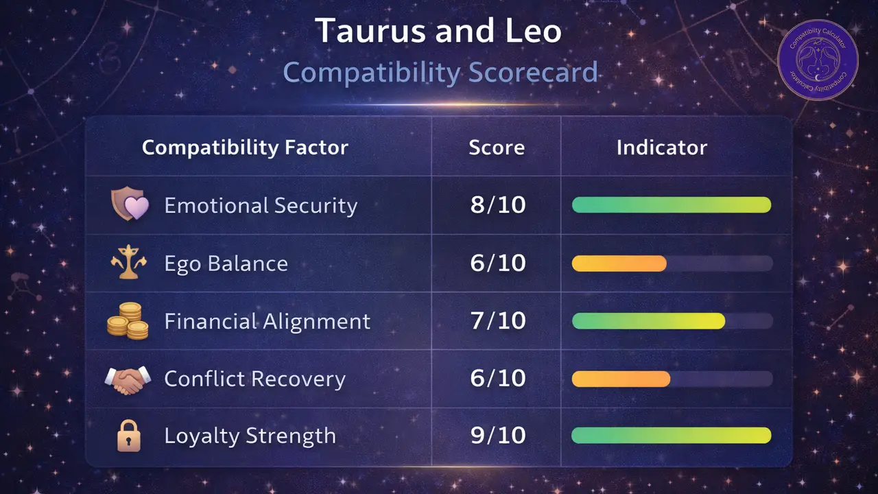 Taurus and Leo compatibility chart showing emotional security, ego balance, money habits, conflict repair, and loyalty.