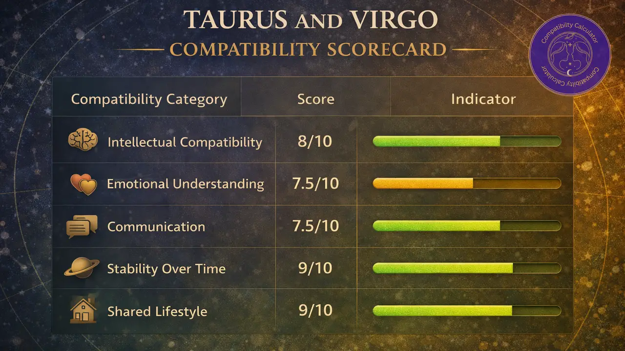 Taurus and Virgo compatibility breakdown showing trust, criticism patterns, emotional safety, routine, and long term stability.