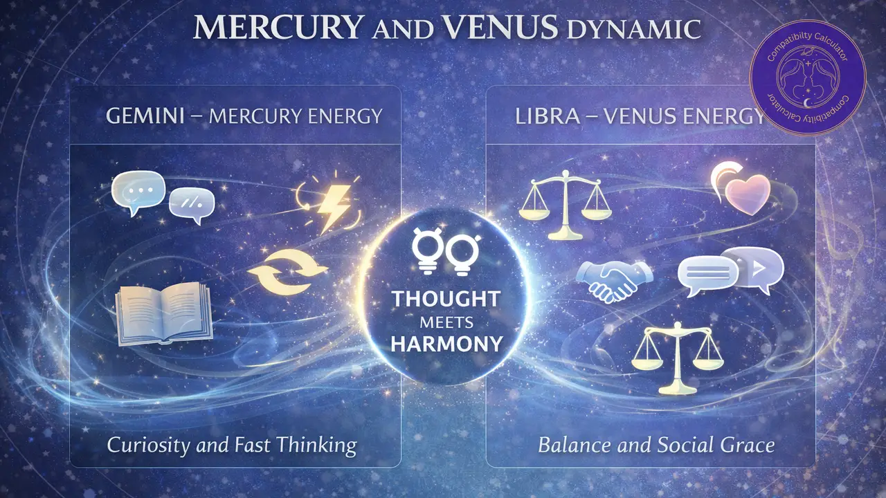 Gemini and Libra building connection through ideas, humor, balance, and thoughtful conversation.