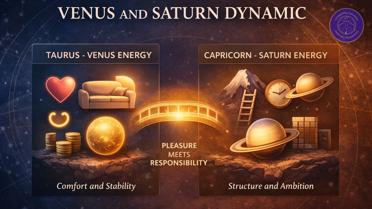 Taurus and Capricorn influenced by Venus and Saturn through comfort, discipline, long range planning, and practical love.