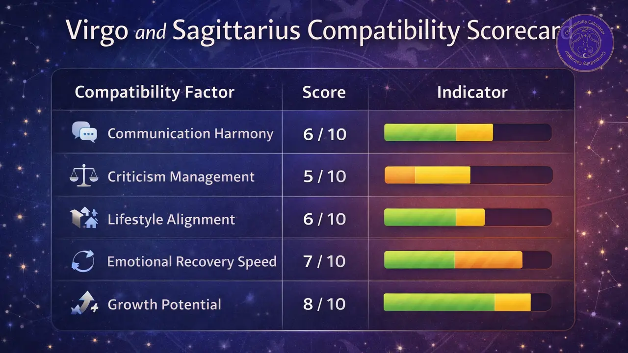 Virgo and Sagittarius compatibility chart showing communication harmony, criticism management, lifestyle rhythm, emotional recovery, and growth potential.