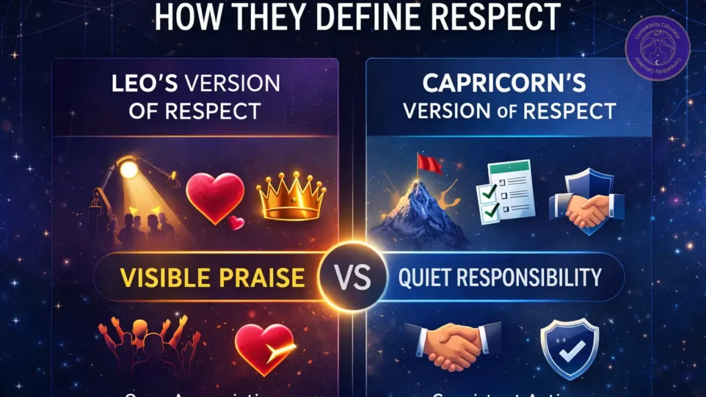 Leo and Capricorn showing the difference between visible praise, quiet responsibility, public attention, and steady effort.