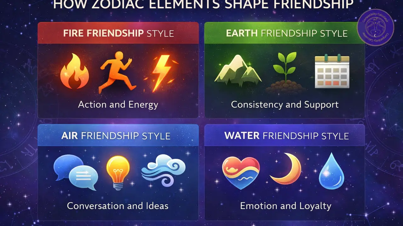 Zodiac elements and their friendship styles through fire, earth, air, and water social patterns.