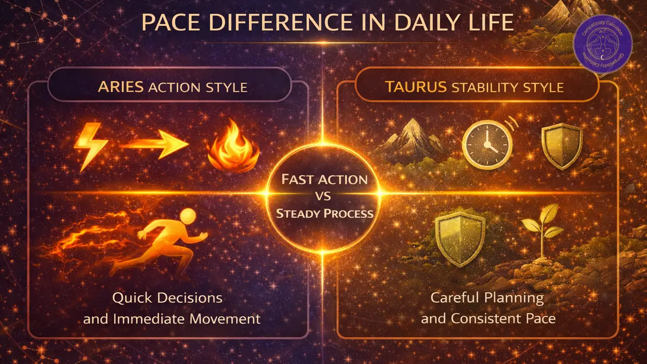 Aries and Taurus comparing zodiac styles through speed, patience, risk taking, and emotional control.